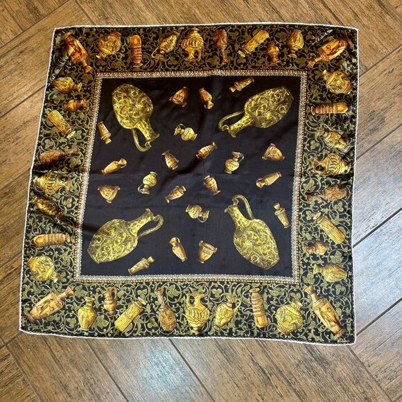 Vintage Black Baroque Square Scarf with Egyptian Urns and Vessels - Picture 8 of 8